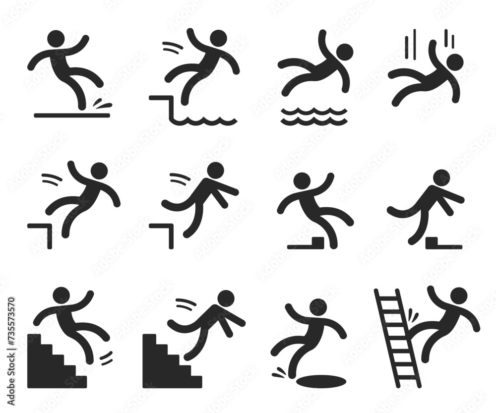 Caution symbols with stick figure man falling. Wet floor, tripping, falling from stairs, ladder, water, edge. Workplace safety and injury vector illustration. - obrazy, fototapety, plakaty 
