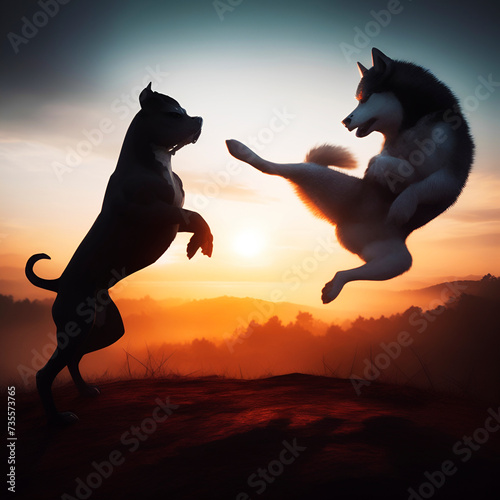 Dogs fighting in sunset, Sunrise silhouette, dog fight, meme illustration photo
