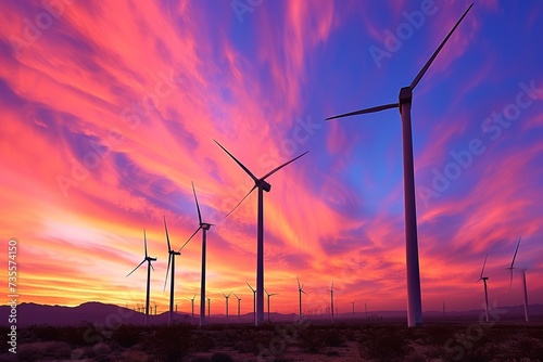 Wind Ballet: Blades in Sync as Towering Turbines Command the Canvas of the Vivid Sky.