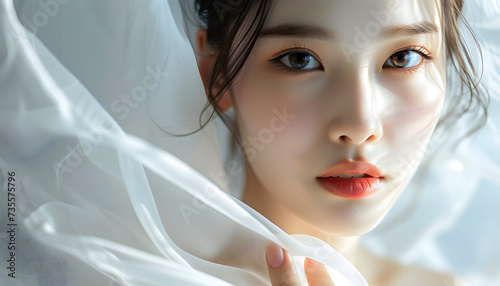 繊細な光と布に包まれた透明感のあるアジア人の女性の純粋な美しさ photo