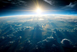 Sunrise over Earth's horizon above the clouds in space, generative ai