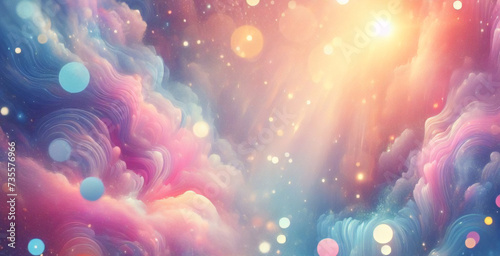 Lila Einhorn-Hintergrund. Pastellfarbener Aquarellhimmel mit Glitzersternen und Bokeh. Fantasy-Galaxie mit holografischer Textur. Magischer Marmorraum. 