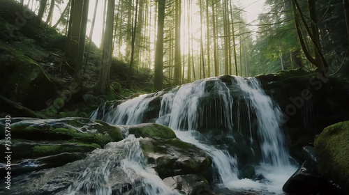 A waterfall cascades down moss-covered rocks in a secluded forest  its soothing sounds echoing through the trees