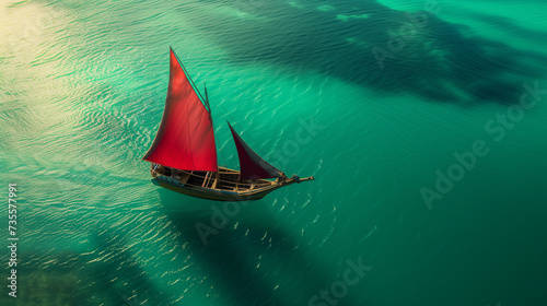 A traditional fishing boat sails across a tranquil bay, the vibrant colors of its sails contrasting with the azure waters