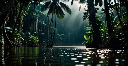 a river in the jungle with trees and water, a tropical rainforest. Generative AI.