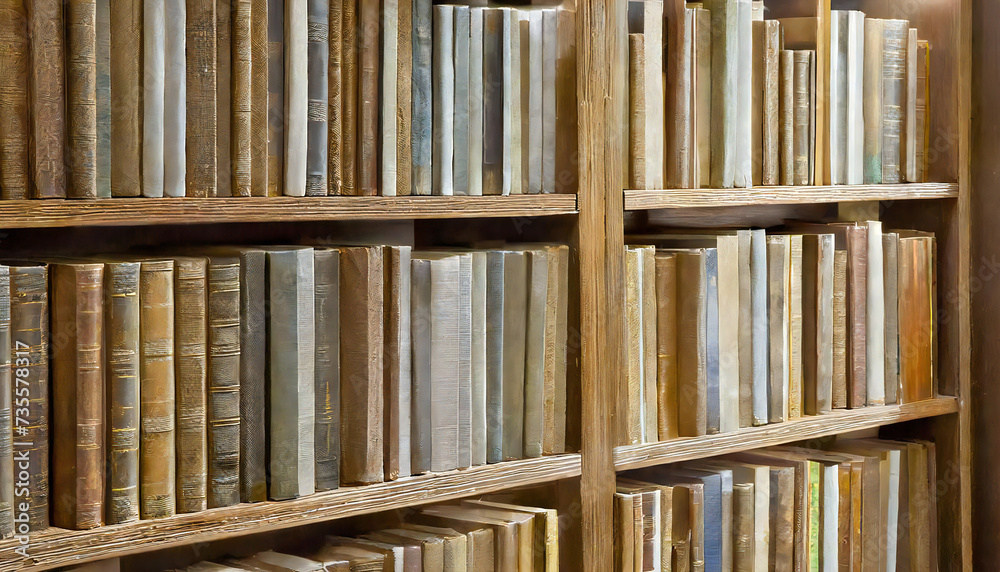 大きな本棚の背景。さくさんの本が並ぶイメージ素材。Big bookshelf background. Image material with many books lined up.