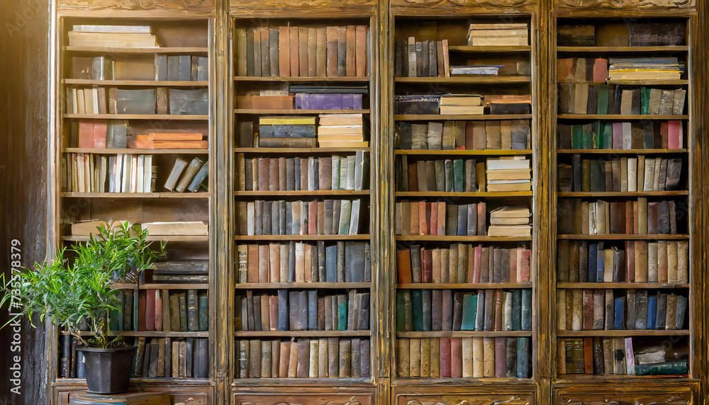 大きな本棚の背景。さくさんの本が並ぶイメージ素材。Big bookshelf background. Image material with many books lined up. 大きな本棚の背景。さくさんの本が並ぶイメージ素材。Big bookshelf background. Image material with many books lined up.