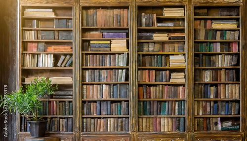                                                                            Big bookshelf background. Image material with many books lined up.