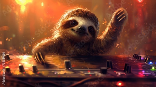 A sloth is dancing on a dj mixer with lights, AI