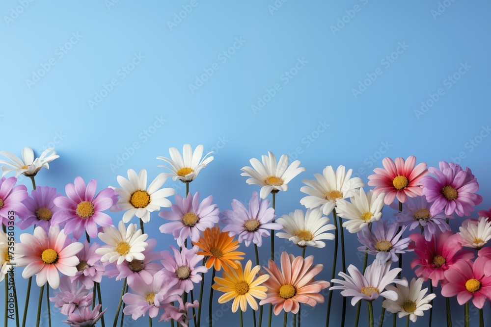 Fototapeta premium Colorful array of daisy on pastel background with copy space