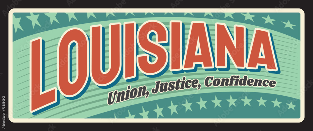 © Vector Tradition - USA state of Louisiana vintage travel plate, sign of vector American tourism plaque, tin number. Union, justice and confidence motto sign, symbol of Baton Rouge capital