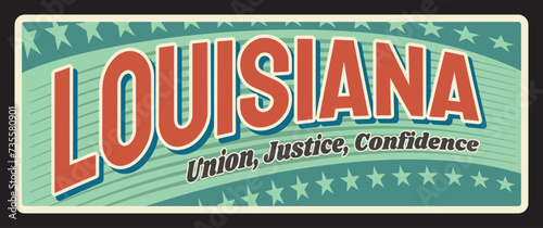 USA state of Louisiana vintage travel plate, sign of vector American tourism plaque, tin number. Union, justice and confidence motto sign, symbol of Baton Rouge capital