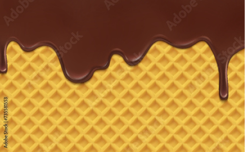Realistic chocolate drip melting on wafer background, vector choco syrup. Chocolate melt or candy caramel sweet sauce flow drops on waffle pattern texture for ice cream or wafer dessert package