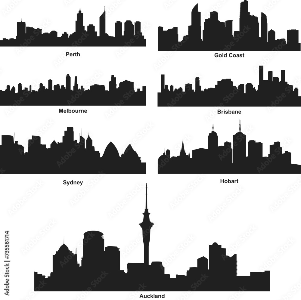 Set of australia city skyline silhouette