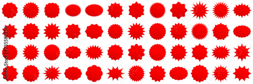 Starburst sale price stickers, seals and labels. Star and rosette, oval and sunburst, callout and splash, stamp and tag badges isolated vector set. Red stickers for promo advertising campaign photo
