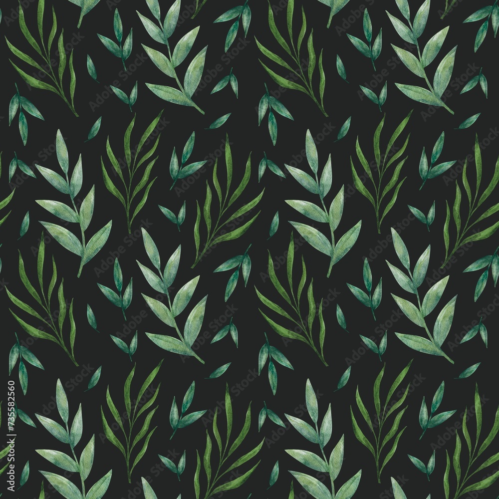Watercolor seamless pattern green leaves,  seamless pattern with leaves