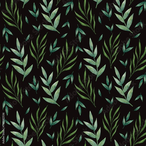 Watercolor seamless pattern green leaves