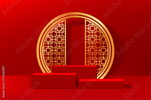 Red Chinese podium stage with golden gate and door arch. Realistic 3d vector striking platform adorned with a majestic gold round arc, and rectangular platforms, exuding regality and cultural richness
