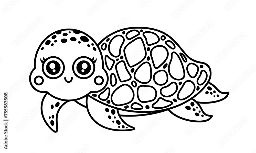 Fototapeta premium Turtle vector illustration. Cute underwater animal swims and smiles. Spotted ocean pet with shell. Hand drawn outline, doodle. Coloring page with a funny reptile. Black and white clipart for kids