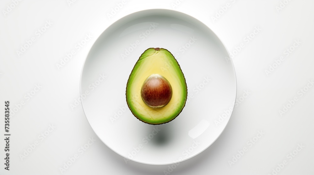 Avocado, on a white round plate, on a white background, top view