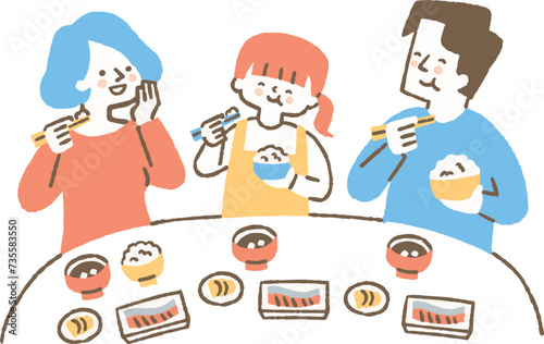 朝食を一緒に食べている母親と父親と娘_色