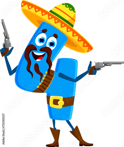 Cartoon cowboy and robber math number four character with guns, wearing a sombrero. Isolated vector Wild West Mexican adventurer 4 personage calculates daring heists, adds up mischief to kids learning