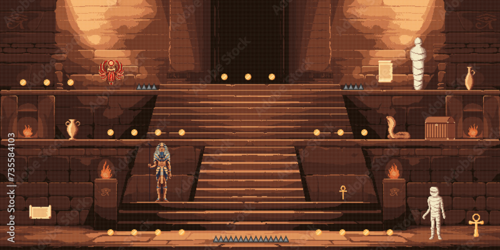 Ancient Egypt temple or pyramid 8bit pixel art arcade game level map, vector background. Scarab, mummy and cobra snake, golden coins and manuscripts with pharaoh treasure for 8 bit arcade video game - obrazy, fototapety, plakaty 