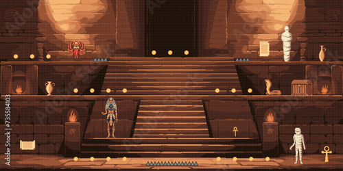 Ancient Egypt temple or pyramid 8bit pixel art arcade game level map, vector background. Scarab, mummy and cobra snake, golden coins and manuscripts with pharaoh treasure for 8 bit arcade video game photo