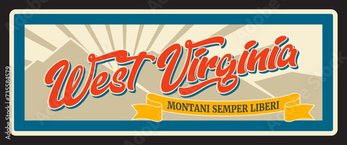 West Virginia retro travel plate, American state vintage vector banner, Montani Semper Liberi lettering. Vector sign for travel destination, antique signboard, touristic landmark plaque