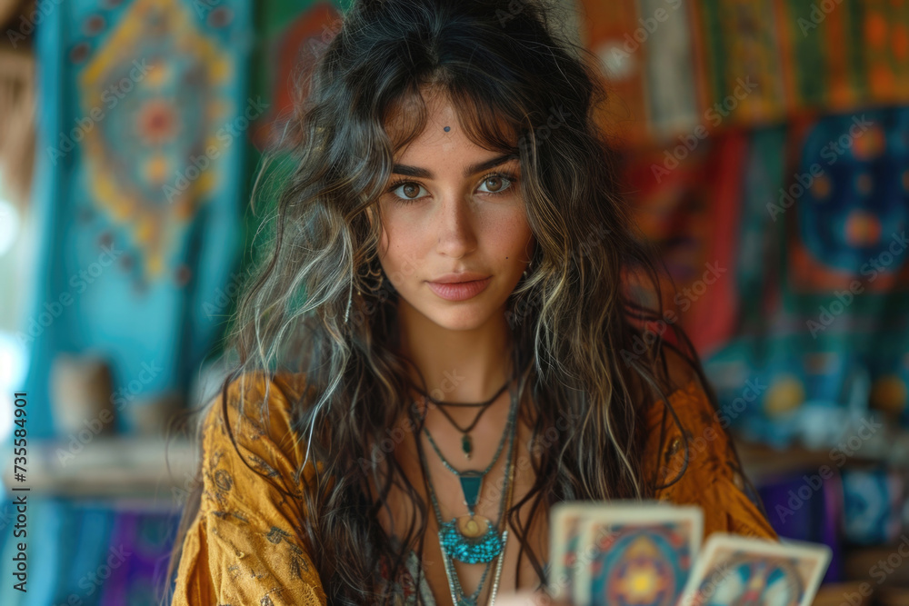 Naklejka premium Beautiful young tanned white brunette woman with long hair sits in ethnic clothing with decorations in room at table with mystical metaphorical tarot cards. White gypsy girl. Fate. Carpet on wall