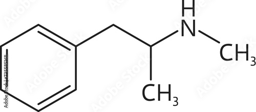 Methamphetamine drug molecule and chemical formula, vector structure model. Methamphetamine or meth narcotic substance, synthetic or organic drug stimulant of central nervous system, molecular formula photo