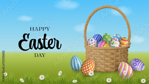 easter banner with colorful eggs in a basket