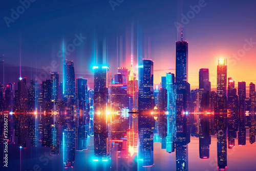 A vibrant blue neon cityscape in dusk with glowing skyscrapers © ItziesDesign