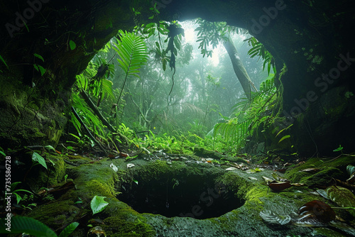 A warmhole opening above an ancient undisturbed jungle casting a mystical glow