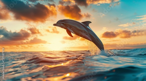 Dolphin Leaping Out of Water with Vibrant Sunset Background © AnimalAI