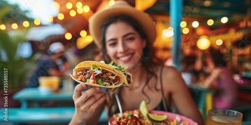 Latin American woman enjoying tacos al pastor in Mexico  Generative AI 
