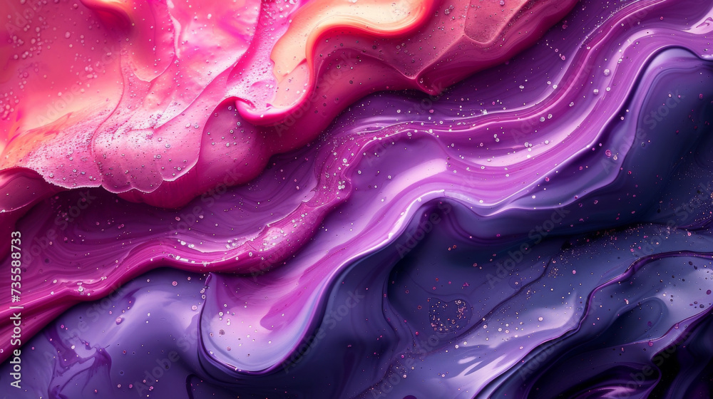 Texture of globs of paint blending and creating a marbled effect in shades of purple and pink. - obrazy, fototapety, plakaty 
