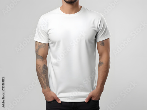 a man with tattoos wearing a white casual t shirt front view mockup
