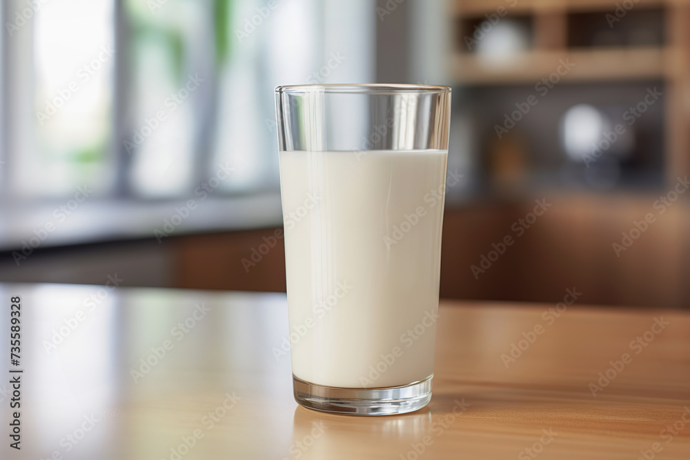 Glass of Fresh Milk on Wooden Kitchen Counter Glass of Fresh Milk on Wooden Kitchen Counter