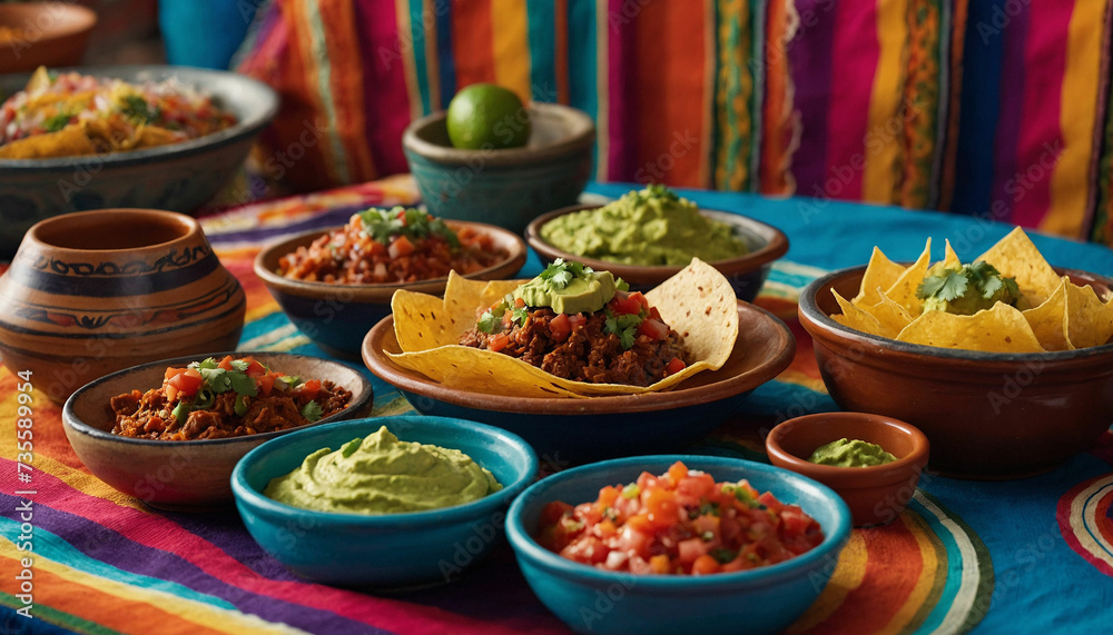 A vibrant colorful background adorned with traditional Mexican tableware like Talavera plates, clay pots, and colorful