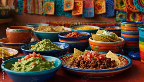 A vibrant colorful background adorned with traditional Mexican tableware like Talavera plates, clay pots, and colorful