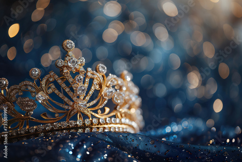 Beauty pageant blue background, tiara with copy space photo
