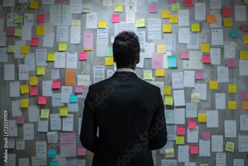 Back view of Businessman check week plan attached on big wall with paper notes. Generative AI.