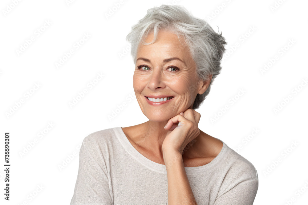 Happy middle aged woman, senior older 50 year lady looking at camera touching her face isolated on white close up face portrait Happy middle aged woman, senior older 50 year lady looking at camera touching her face isolated on white close up face portrait