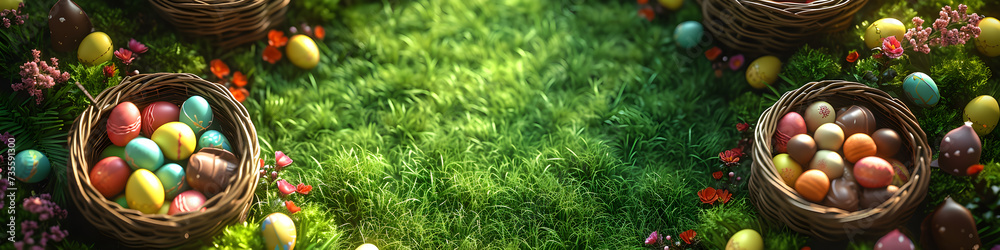 Obraz premium Colorful Easter chocolate eggs in nest and candies in green grass. Easter hunt concept. Spring background for design greeting card, banner, poster, flyer. Flat lay, top view with copy space