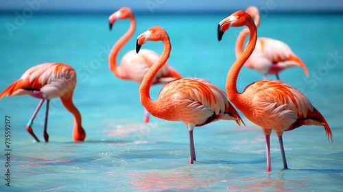 Flock of Pink Flamingos in Shallow Shimmering Lagoon AI Generated.