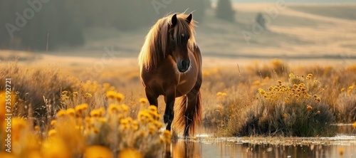 Pictures of a gorgeous hucul pony in its natural habitat, Generative AI  photo
