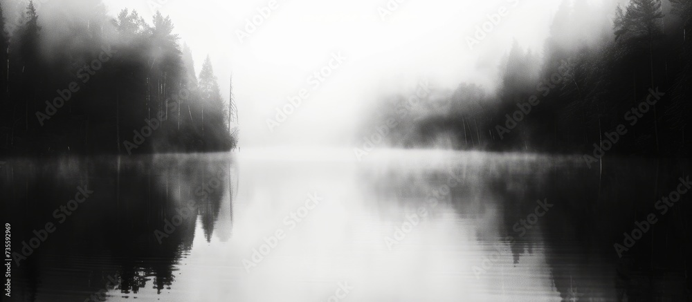 Fototapeta premium Serene black and white photo of a breathtakingly beautiful, secluded lake surrounded by nature's tranquility
