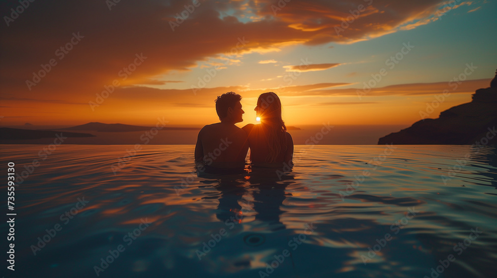 couple on the beach looking sunset over the ocean from the pool