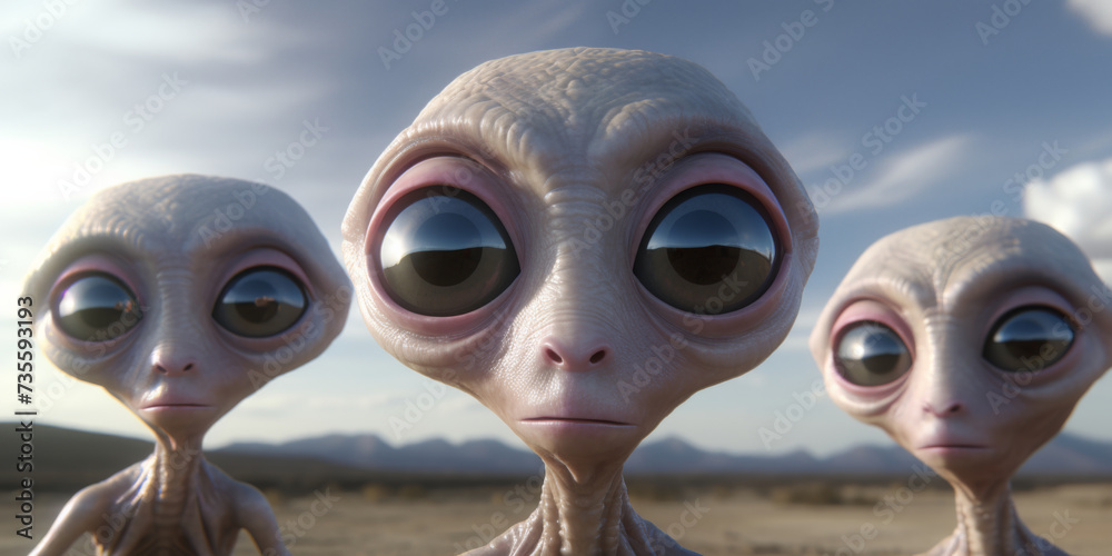 aliens with big eyes looking towards space, generative AI aliens with big eyes looking towards space, generative AI